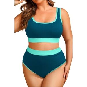 NWT Tempt Me Blue Colorblock Ribbed High Waisted Bikini Set Size 14W